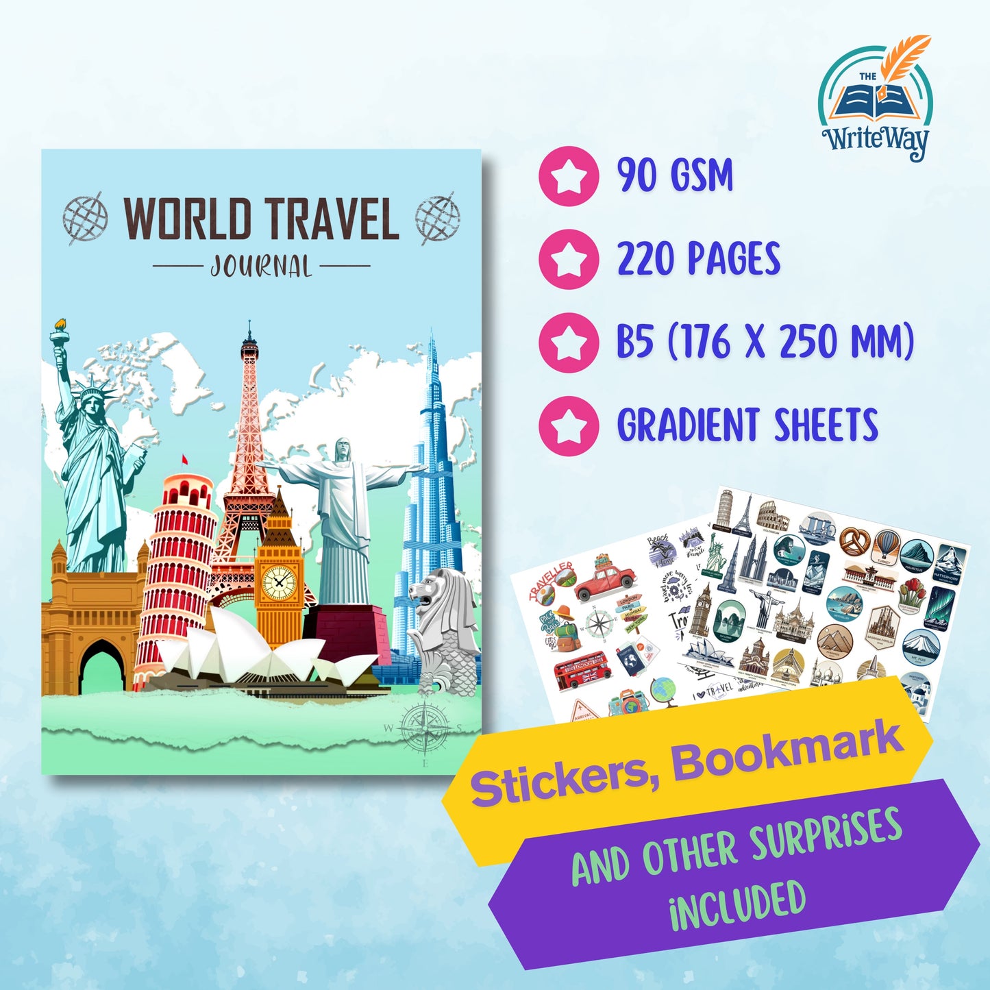 The Write Way World Travel Journal – 250+ Page Scrapbook with World Map, Stickers & Bookmark | Travel Diary & Memory Album | Gift for Explorers & Globetrotters