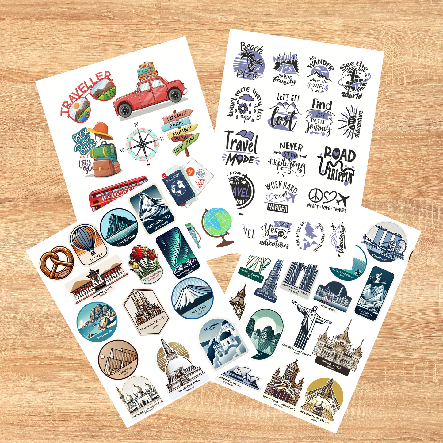 World Travel Sticker Pack – 4 Sheets (Premium Finish)