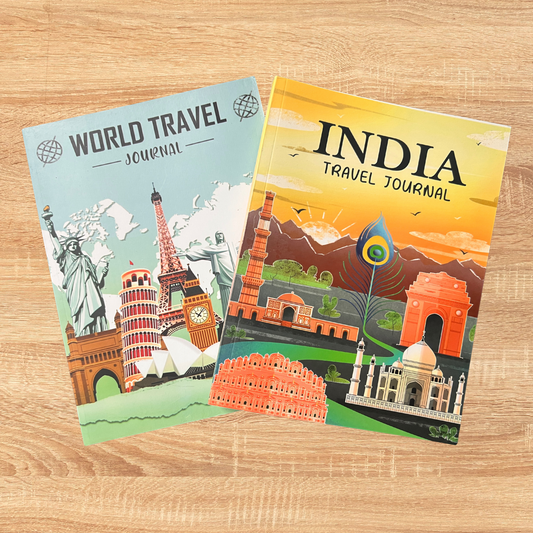 TheWriteWay Travel Journal Combo – India & World Edition | 2-Pack Scrapbook & Memory Albums with Maps, Stickers & Bookmark | 150+ Pages Each | Perfect Gift for Travelers, Storytellers & Explorers